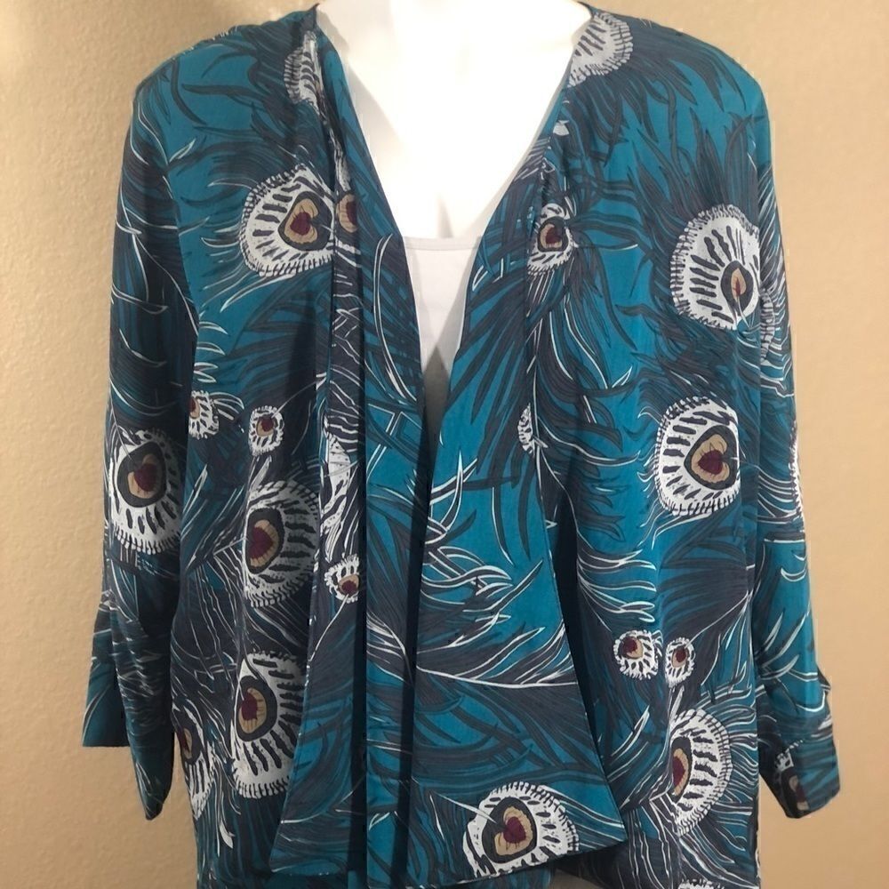 Teal peacock feather print cardigan